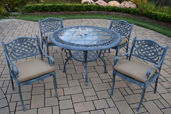 Mississippi Cast Aluminum 5 Pc. Patio Dining set with 48 inch Round Table and 4 Cushioned Arm Chairs Verdi Grey